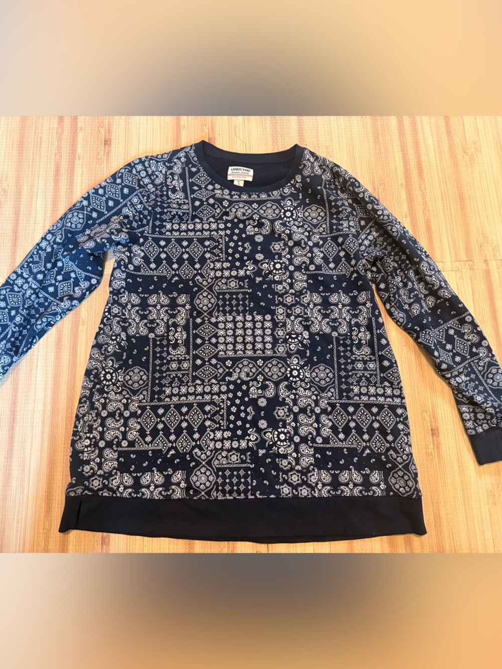 Lands' End Womens XL Size Bandana Print Sweatshirt Tunic Navy Cotton Blend